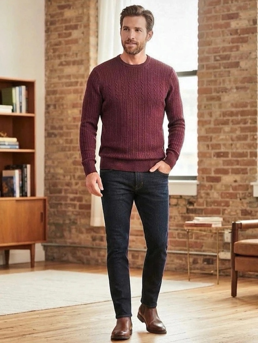 ⁠Dockers Men Maroon Burgundy Cable Knit Long Sleeve Pullover Sweater Medium M⁠
